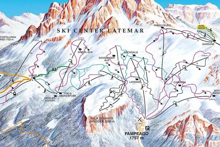 Ski mapa Latemar - Obereggen, Predazzo, Pampeafo