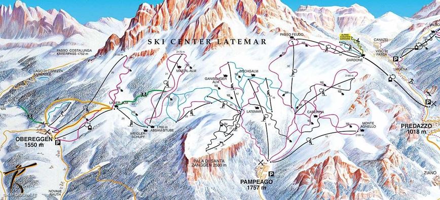 Ski mapa Latemar - Obereggen, Predazzo, Pampeafo