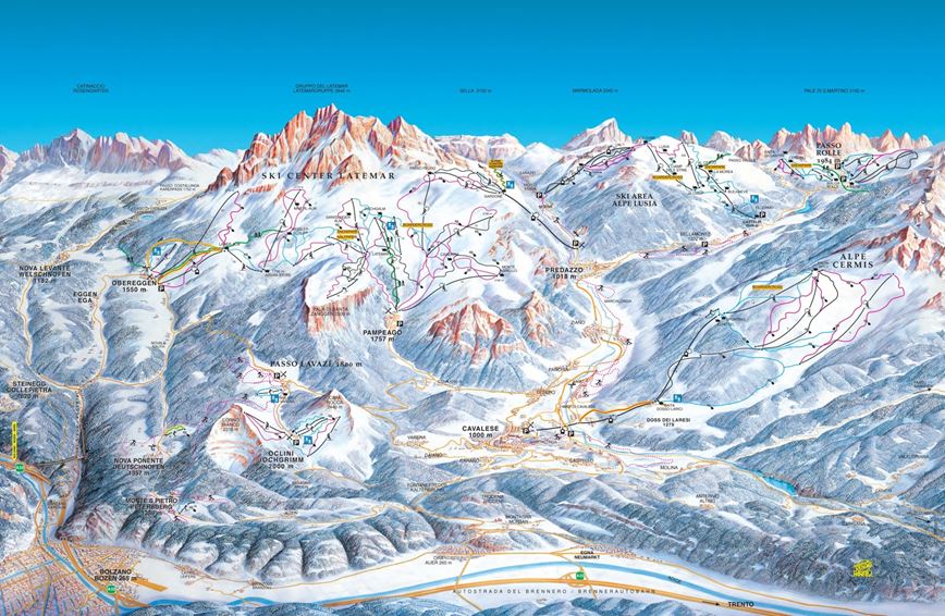 lyžařská mapa Latemar, Val di Fiemme, Itálie.